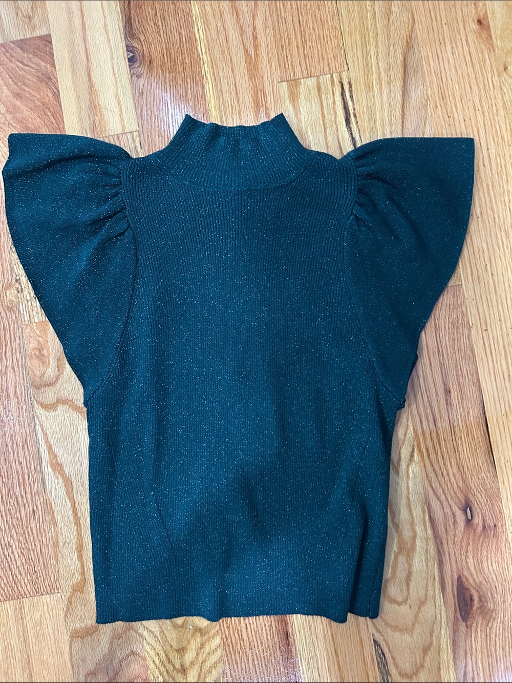 Maeve Green Sparkle Mock Neck Flutter Sleeve Sweater